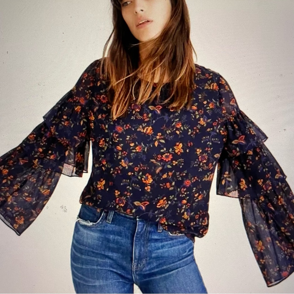 Madewell Navy Floral Ruffle Sleeve Blouse Medium